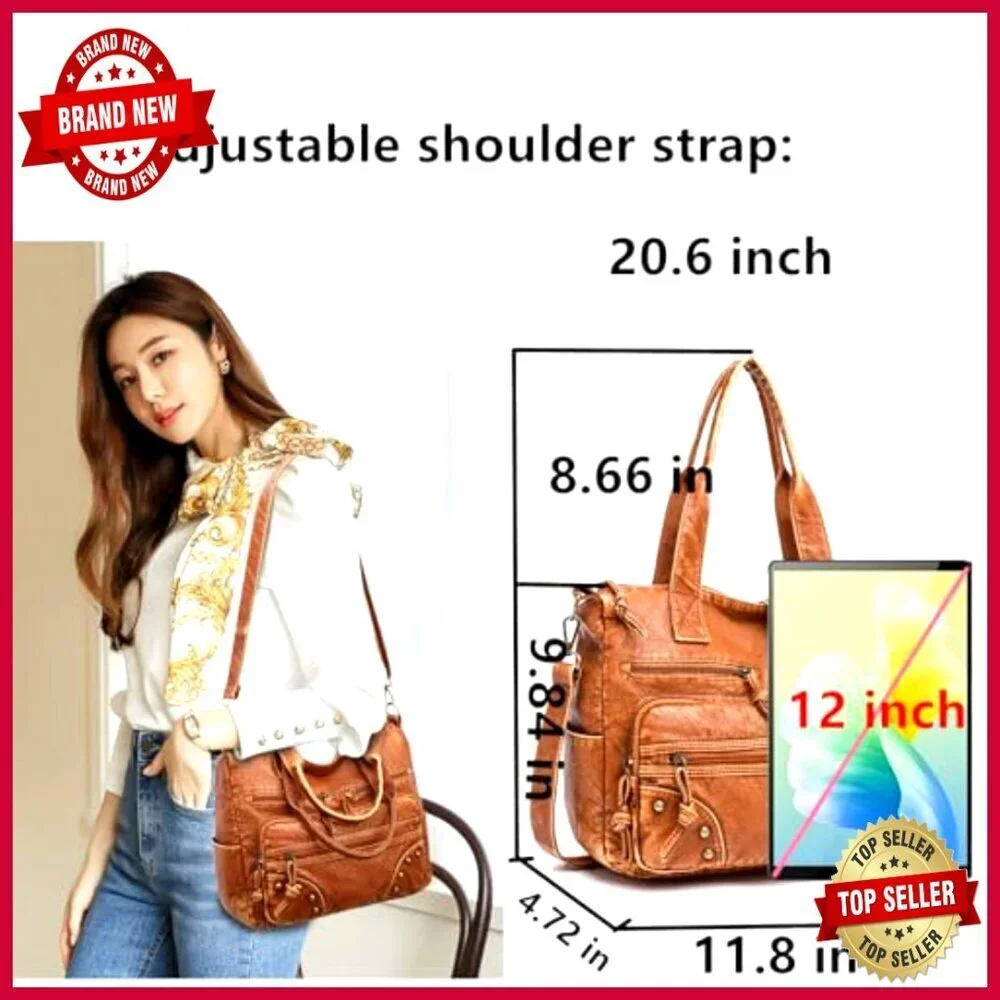 Medium Vegan Leather Satchel Hobo Bag with Adjustable Strap, 11 Pockets